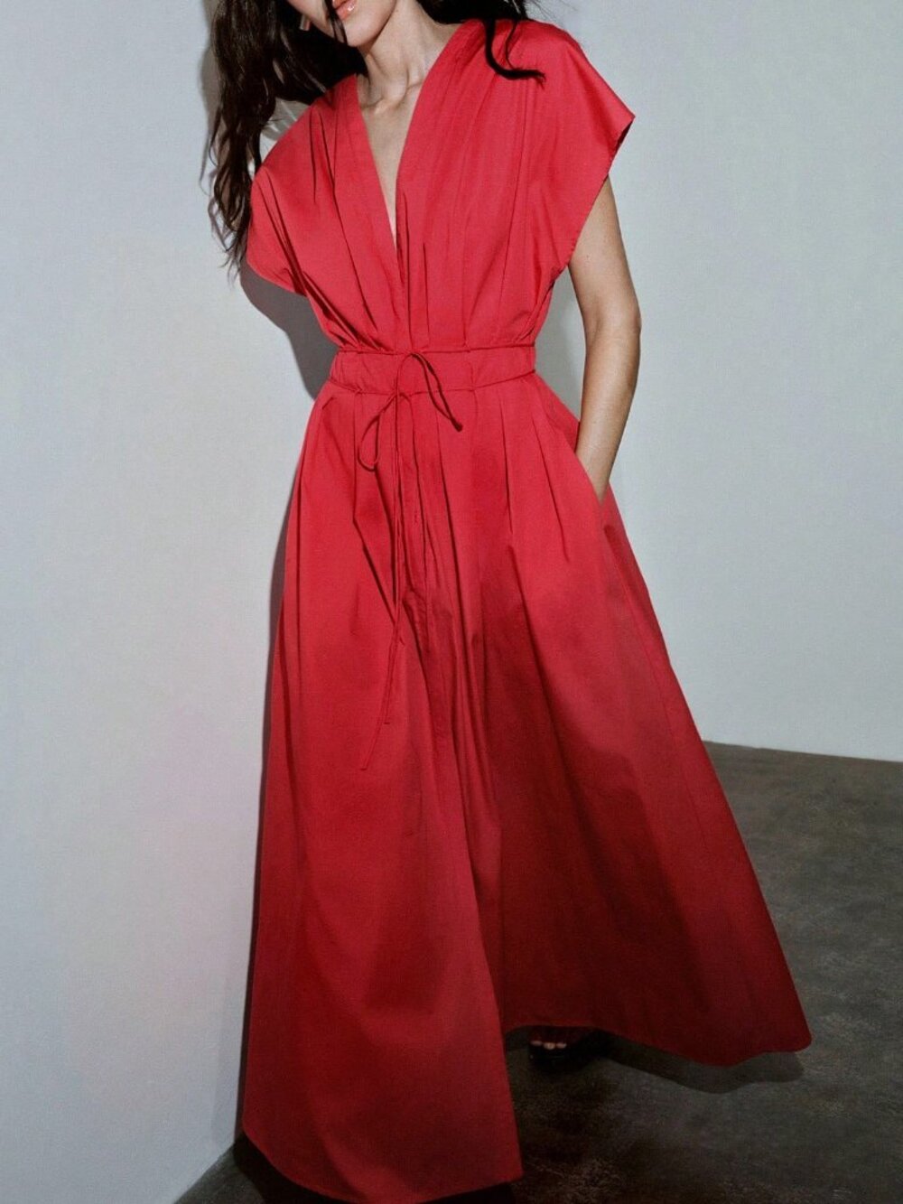 Red Casual Women's Premium 100% Cotton V-Neck Dress - Picture 1 of 6
